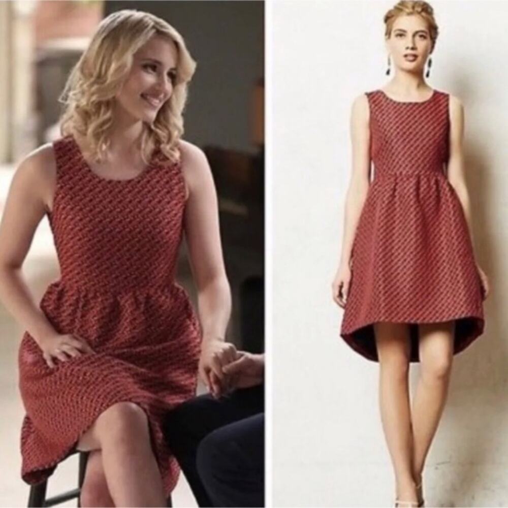 Anthropologie Lili’s Closet Red Geo Jacquard Fit And Flare Dress Size 0P NWOT